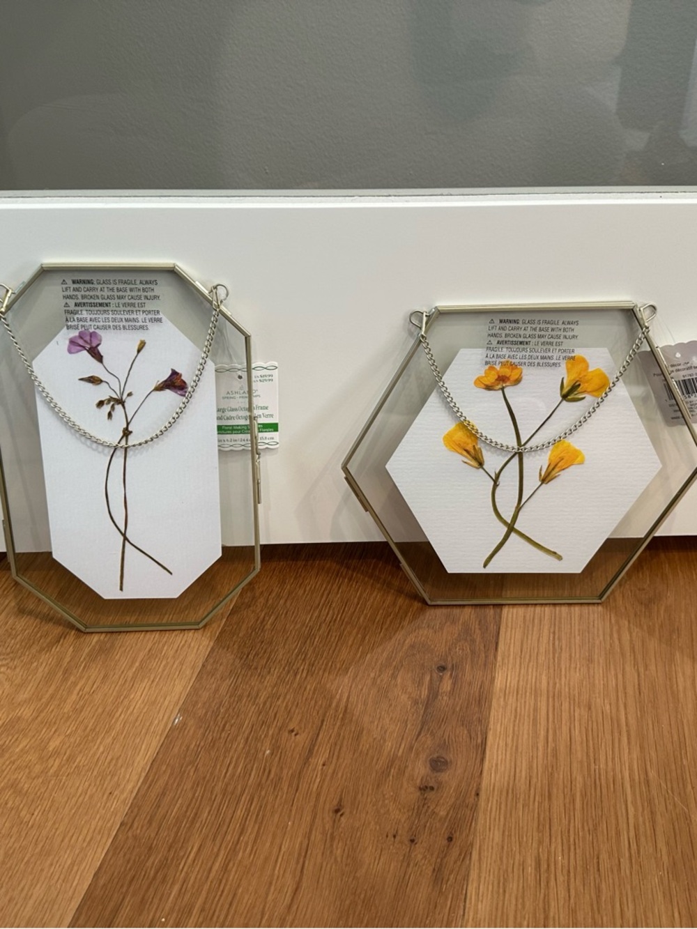 Set of 2 - Ashland Octagon & Hexagon Glass Framed Florals w/ hanging chain